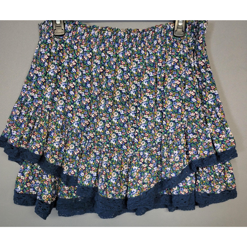 Aeropostale Skirt Womens XL Blue Floral Ruffle Hem Lace Trim Elastic Waist‎ Boho